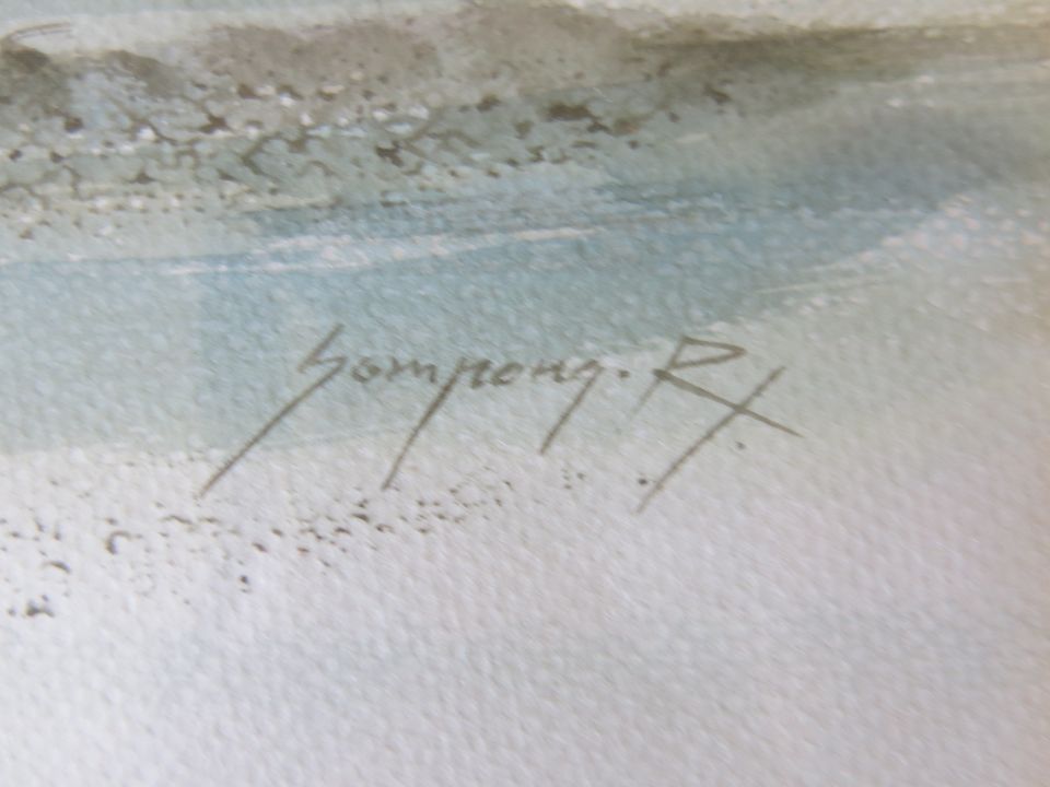 Aquarelle von R. Sompong – Inselidylle, Pfahlhäuser Lagune in Wolfhagen 