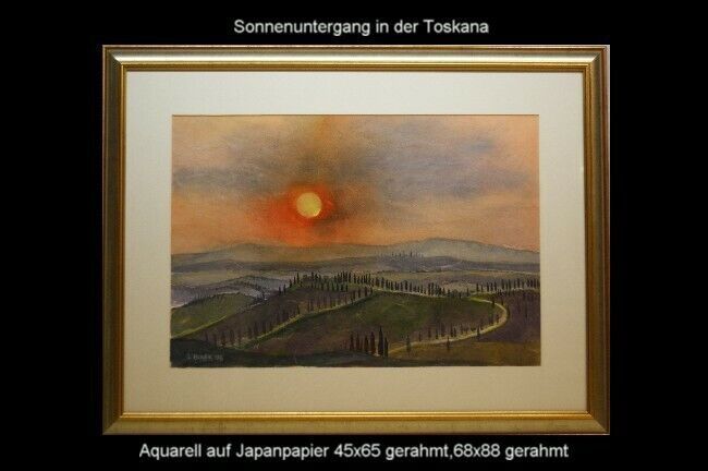 Aquarell auf Japanpapier - Sonnenuntergang in der Toskana in Oberursel (Taunus)