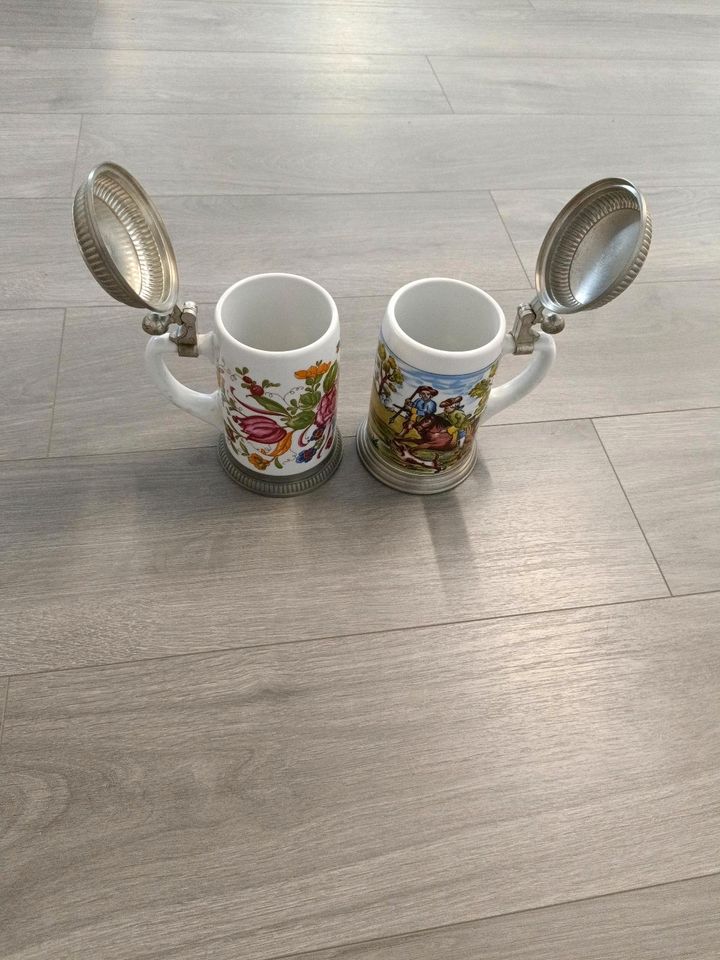 2 x Vintage Bierkrug aus Milchglas und Zinn Deckel in Essen