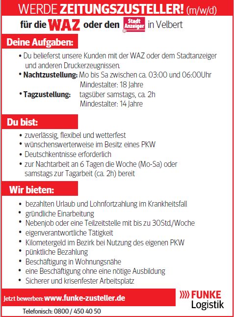 Zeitungszusteller (m/w/d) für die WAZ oder Stadtanzeiger Velbert in Velbert