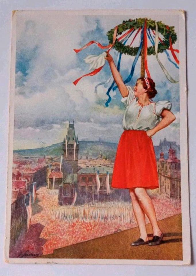 Ansichtskarte Prag Sokol 1938 Mädchen winkt von einem Turm in Velbert