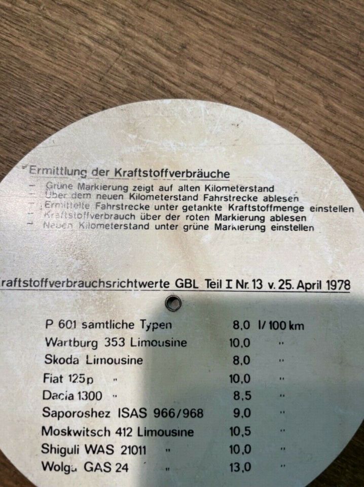 DDR Fahrzeuge, Scheibe zur Ermittlung des Kraftstoff Verbrauches in Petersberg (Saalekreis)