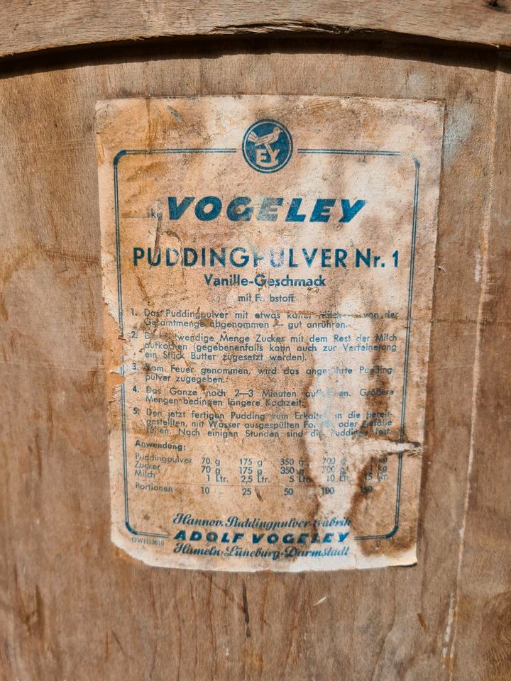 Werbung Reklame Vogeley Pudding antik Fass Holz in Stockstadt