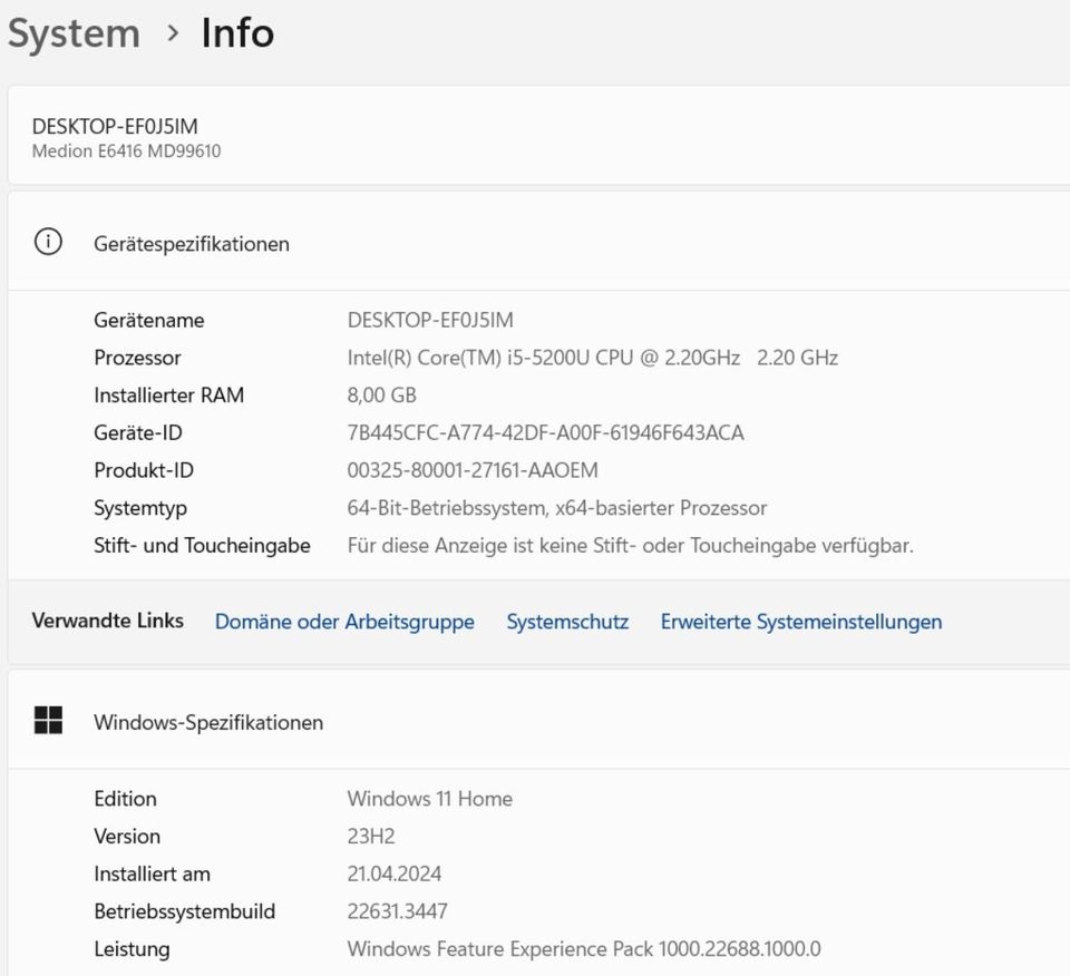 Medion Akoya E6416, Core i5-5200U, 8 GB RAM, 500 GB SSD, Win 11 in Bergheim