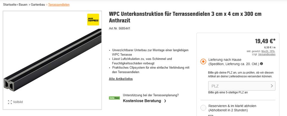 WPC Unterkonstruktion für Terrassendielen Anthrazit (2 Stück) in Nürnberg (Mittelfr)
