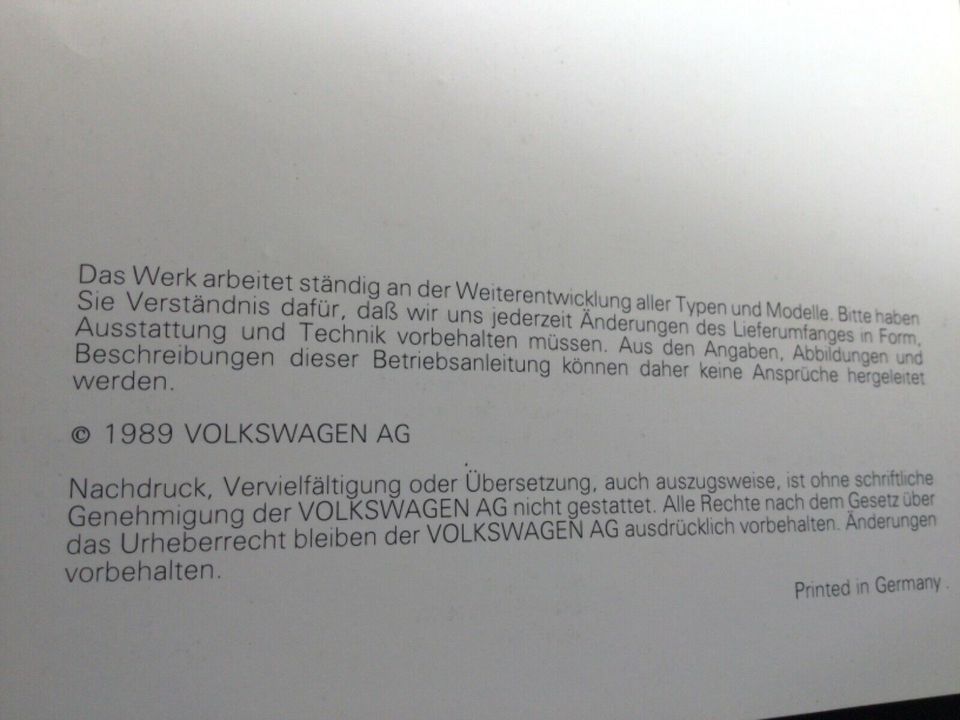 VW Passat Betriebsanleitung Bedienungsanleitung von 1989 in Kiel