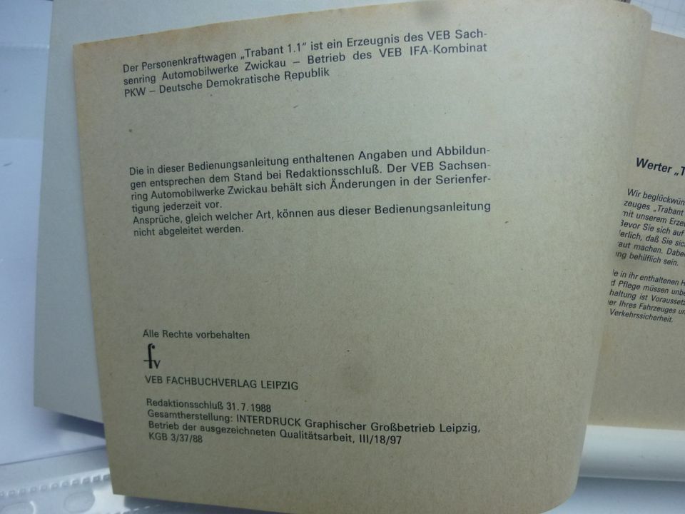 IFA Trabant 1.1 Bedienungsanleitung original, 1. Auflage in Bad Kreuznach