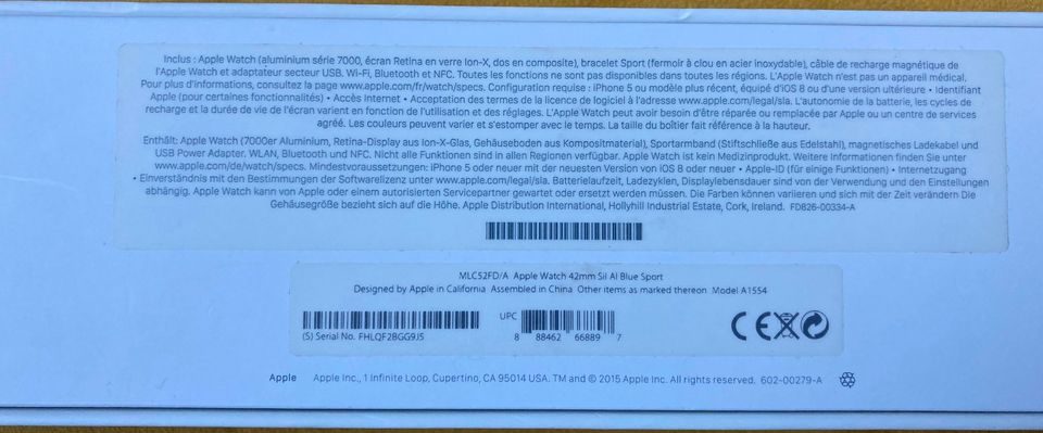 Apple Watch Sport OVP 42mm Silber Alu A1554 Schachtel Band Blau B in Waiblingen