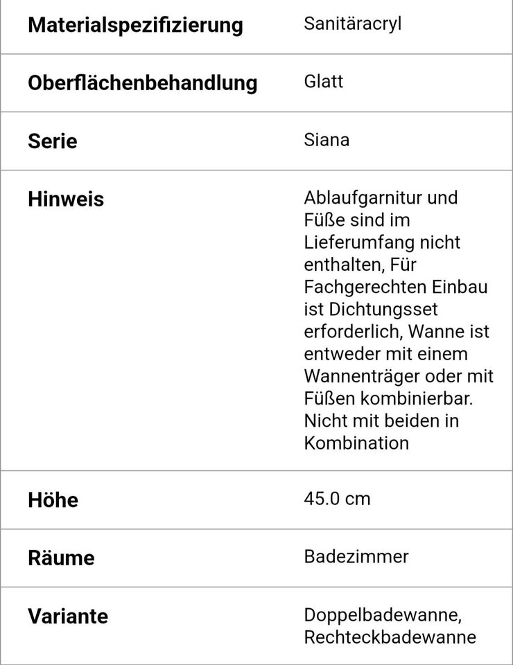 Doppelbadewanne Rechteckbadewanne Jungborn Siana 80 x 180 cm weiß in Schmalkalden