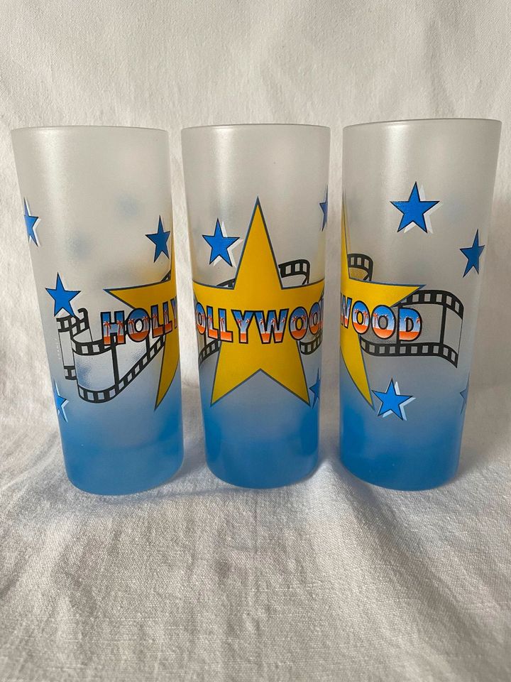 3x Vintage Longdrink Glas * Hollywood mit Sterne * Blau Gelb in München