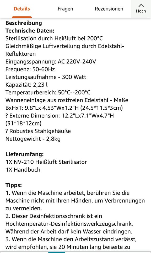 300W Heißluftsterilisator Desinfektion NV-210 in Essen