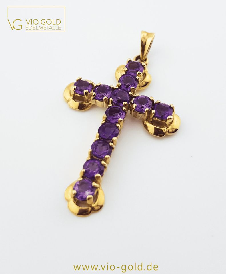 Amethyst Kreuz Anhänger Gold | 3,6 cm x 2,5 cm | 10 Kt. 375 Gelbgold | Kettenanhänger R3887 in Regensburg