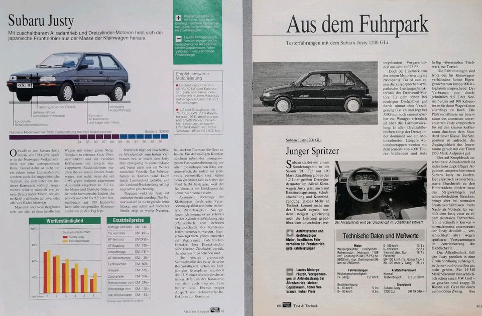 Subaru Justy Reklame Berichte 1000 1200 4WD GLi 1,3 GX in Hanau