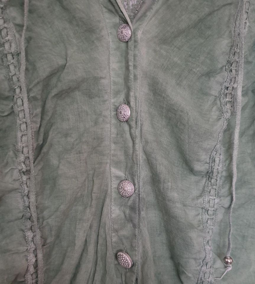 Damen Bluse lang Tunika grün floral Spitze Gr. ca. 40 oil washed in Kürten