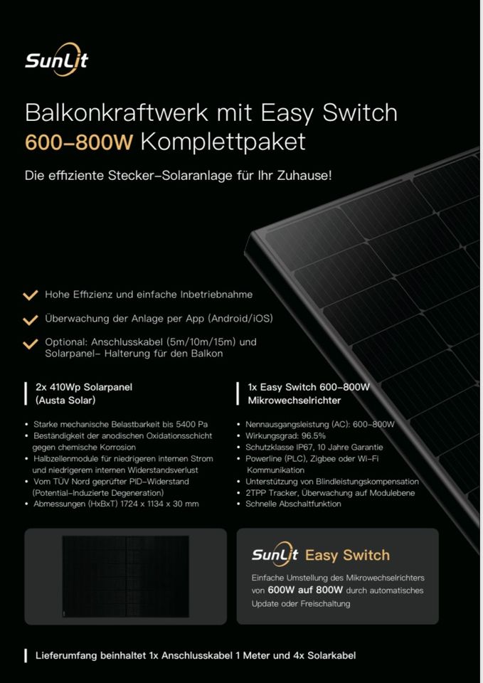 SunLit Balkonkraftwerk 820 W Set 600/800 Wp Easy Switch 2x410 W in Schkopau