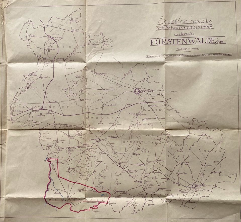 Alte Übersichtskarte Schauamtsbezirke des Kreises Fürstenwalde in Märkisch Buchholz