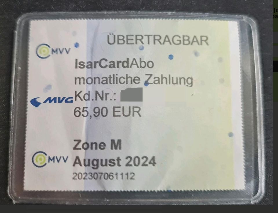 MVG IsarCard ZoneM für München für den Monat August 2024 in München