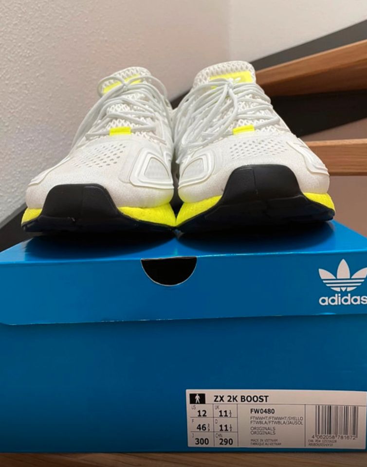 Adidas ZK 2K Boost Weiß/neon gelb Größe 12 bzw.46 2/3 in Wiesbaden