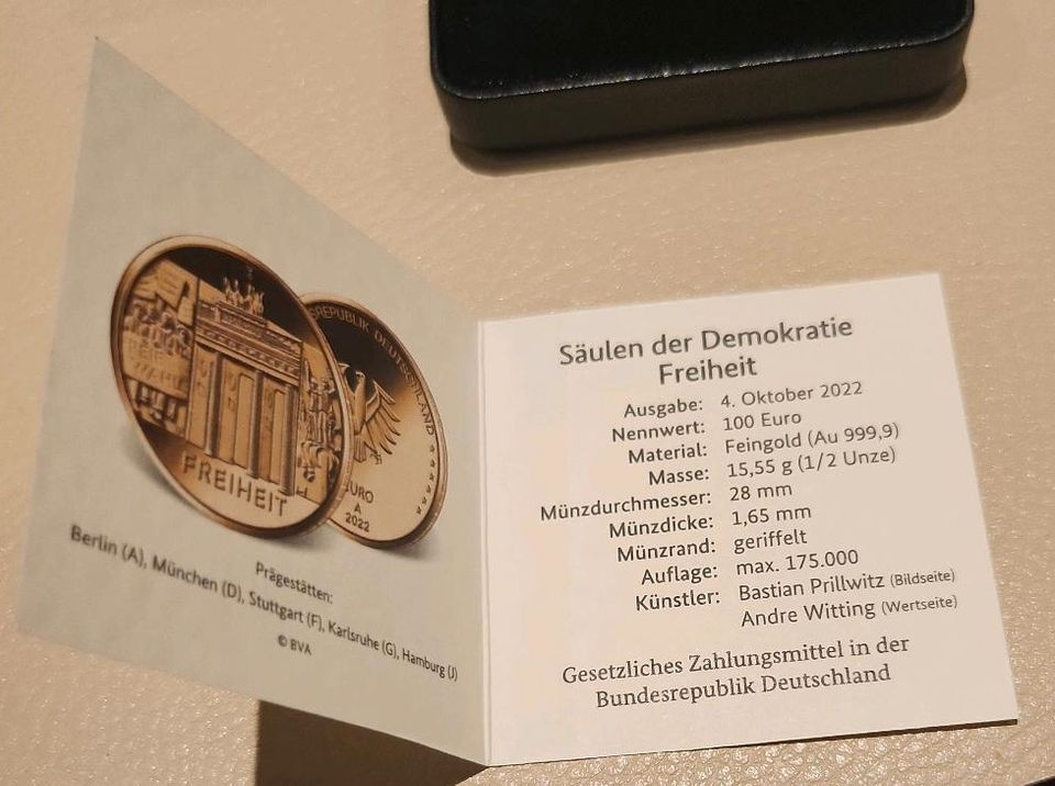 100 Euro Goldmünze Säulen der Demokratie Freiheit Prägestätte G in Hesel