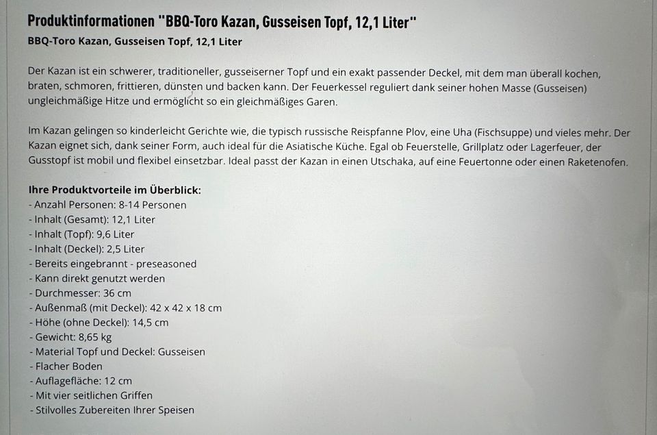 BBQ-Toro Kasan Guseisen Topf 12.1 Liter in Neuburg a.d. Donau