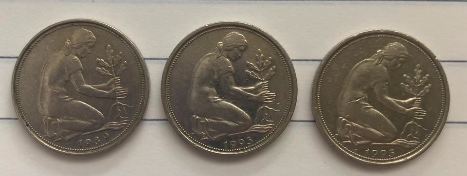 50 Pfennig Münzen 1989 "J" / 1993 "A" / 1993 "G" in Niederzier