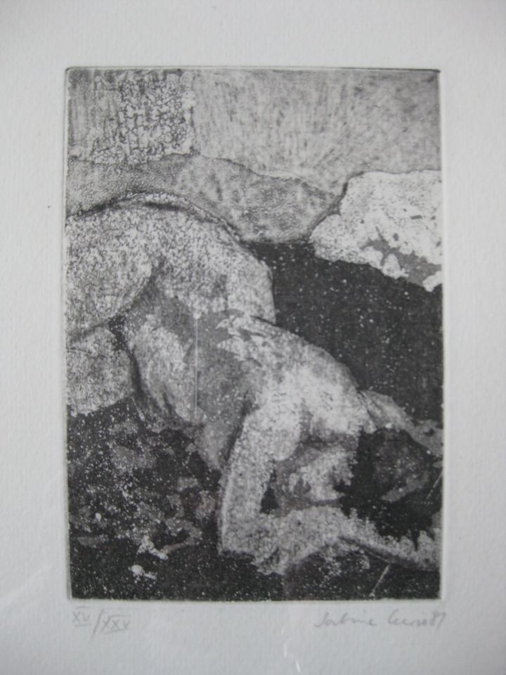 Grafik Sabine Curio Insel Usedom, Liegender Akt 1981 auf Bütten in Rostock