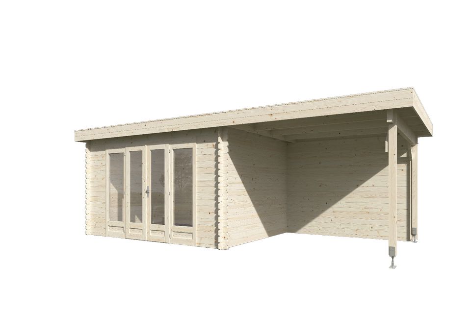 28 mm ISO Gartenhaus 700x300 cm (Breite x Tiefe) + ANBAU Schleppdach Seitendach Gerätehaus Blockhaus Holz Holzhaus Holzhütte Datsche Blockhütte Pultdach Flachdach 3010485 in Hahn am See