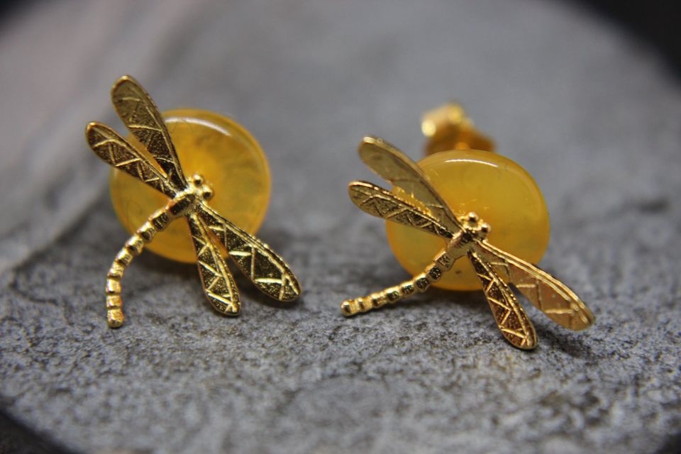 Bernstein gelb Libellen Ohrringe aus 925 Silber in vergoldet in Geisingen