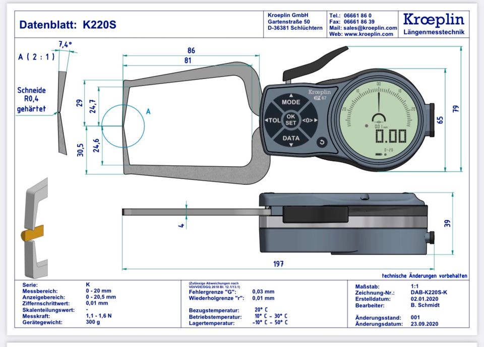 Kröplin Ø 0-20 mm Digital Außen-Schnelltaster Dicken-Meßgerät in Remscheid