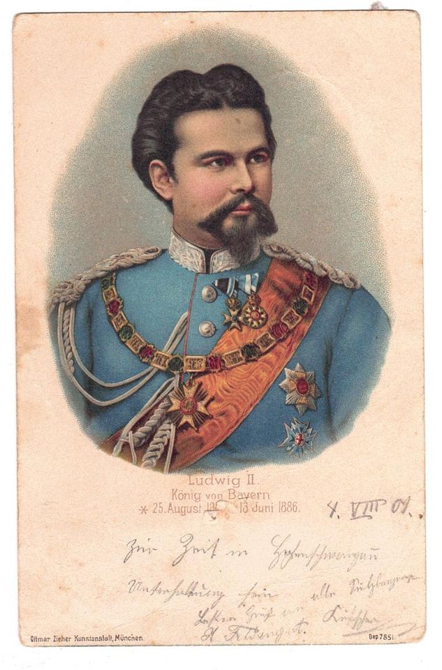 Historische Postkarte Ludwig II. König von Bayern Portrait in Uni in Peiting