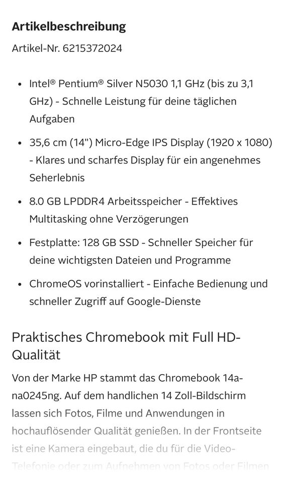 HP Chromebook 14a-na 0245 ng ,14Zoll Neuwertig in Penzlin