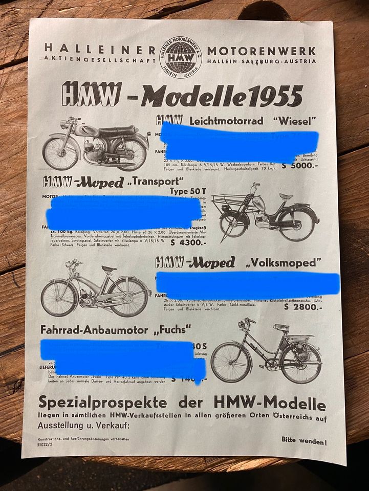 HMW Original Prospekt 1955, Halleiner Motoren Werke Fuchs Motor in Simbach