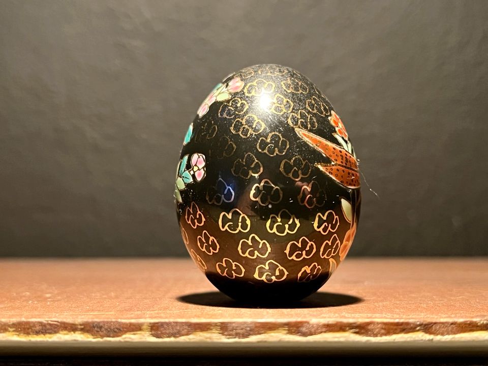 Vintage Cloisonne Ceramic Enamel Egg Black with 2 Birds & Florals in Lechbruck
