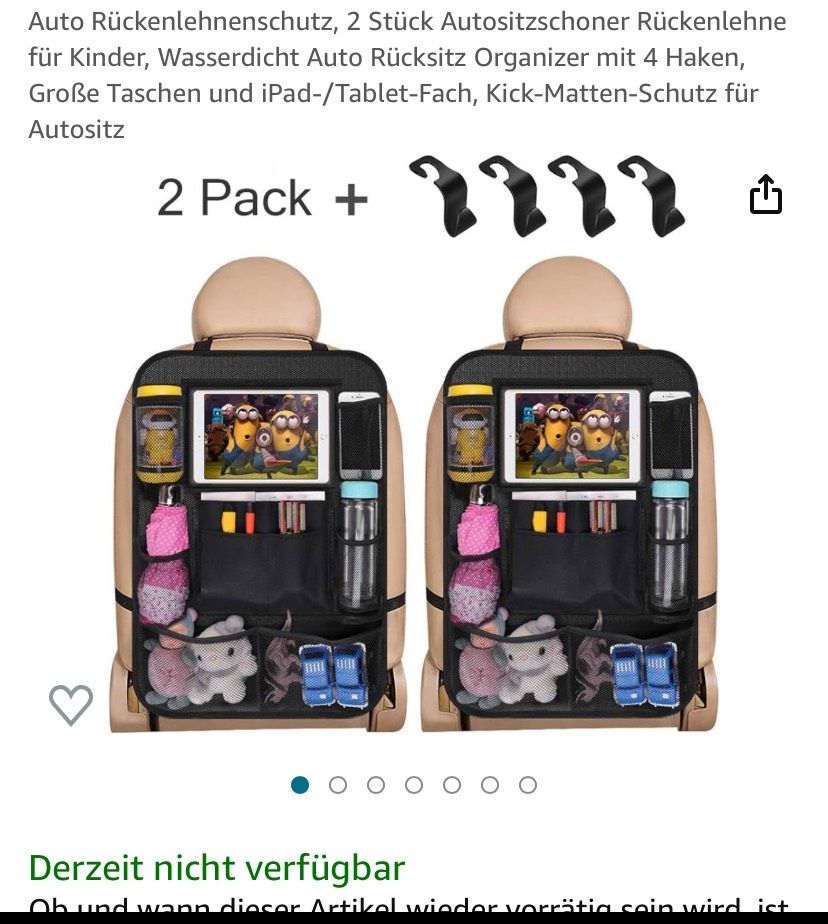 Auto Rückenlehnenschutz Auto Rücksitz Organizer für Kinder,Autositzschoner  2 Stk