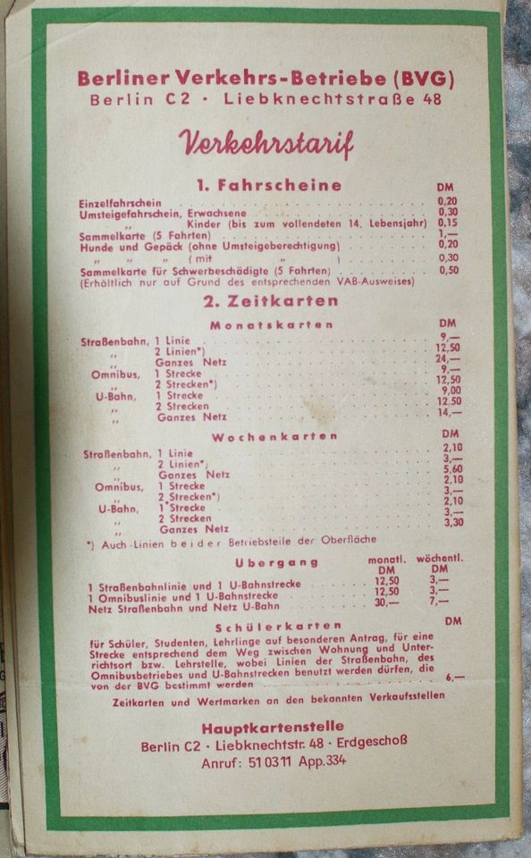 Liniennetz Karte BVG Berlin - 1951 - Fahrpreise und Werbung in Grünheide (Mark)