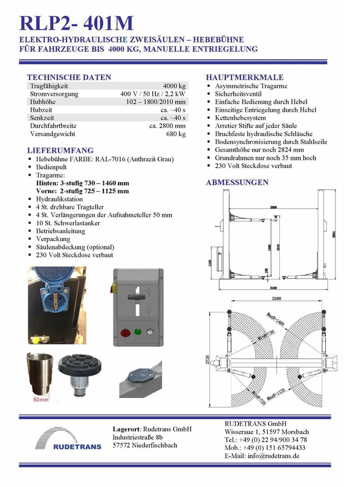 RLP2-401M, 2 Säulen KFZ Hebebühne 4,0 t - RT-Line. 400V Anschluß in Niederfischbach