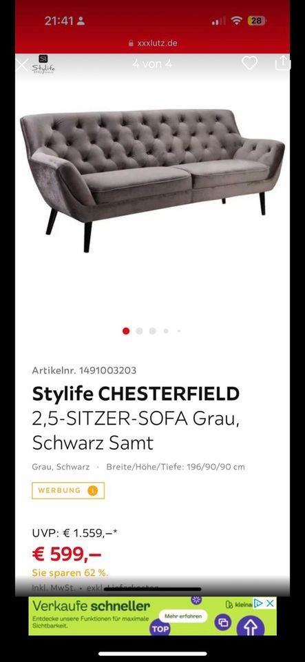 Chesterfield Zweisitzer Sofa grau Samt in Hamburg