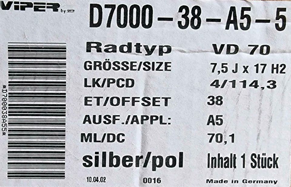 Alufelge Viper by Rial VD 70 4/114.3 7,5 x 17 ET 38 NEU in Lehrte