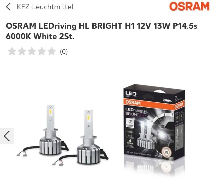 OSRAM LEDriving HL BRIGHT H1 12V 13W P14.5s 6000K White in Thüringen -  Zella-Mehlis, Ersatz- & Reparaturteile