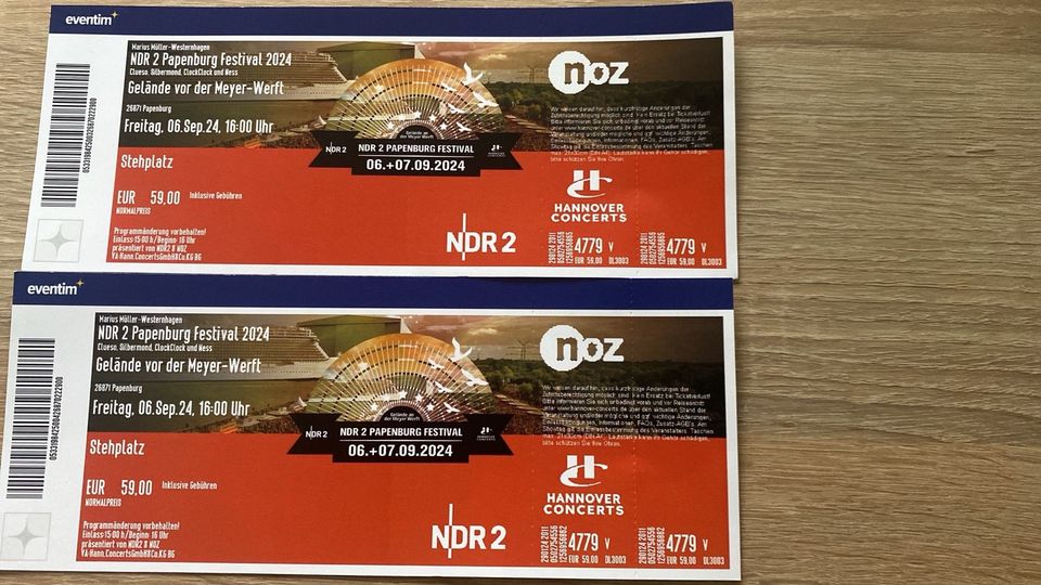 4 Eintrittskarten NDR 2 Festival Papenburg in Dissen am Teutoburger Wald