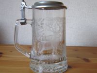 Bierkrug Glas mit Zinndeckel und Gravur - Hirsche u. Baum Sachsen - Aue Vorschau