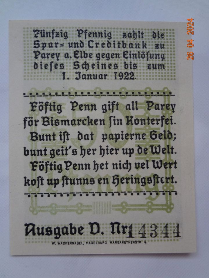 Notgeld - Gutschein  Parey an Elbe  1921 ( Bismarck ) in Biederitz