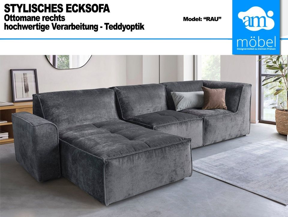 Sofa Couch Wohnlandschaft L Form Stoff in Teddyoptik in dunkelgra in Bremen
