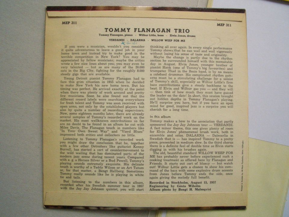 Tommy Flanagan Trio, Vinyl, 7", 1957, Metronom, Stockholm in Bonn