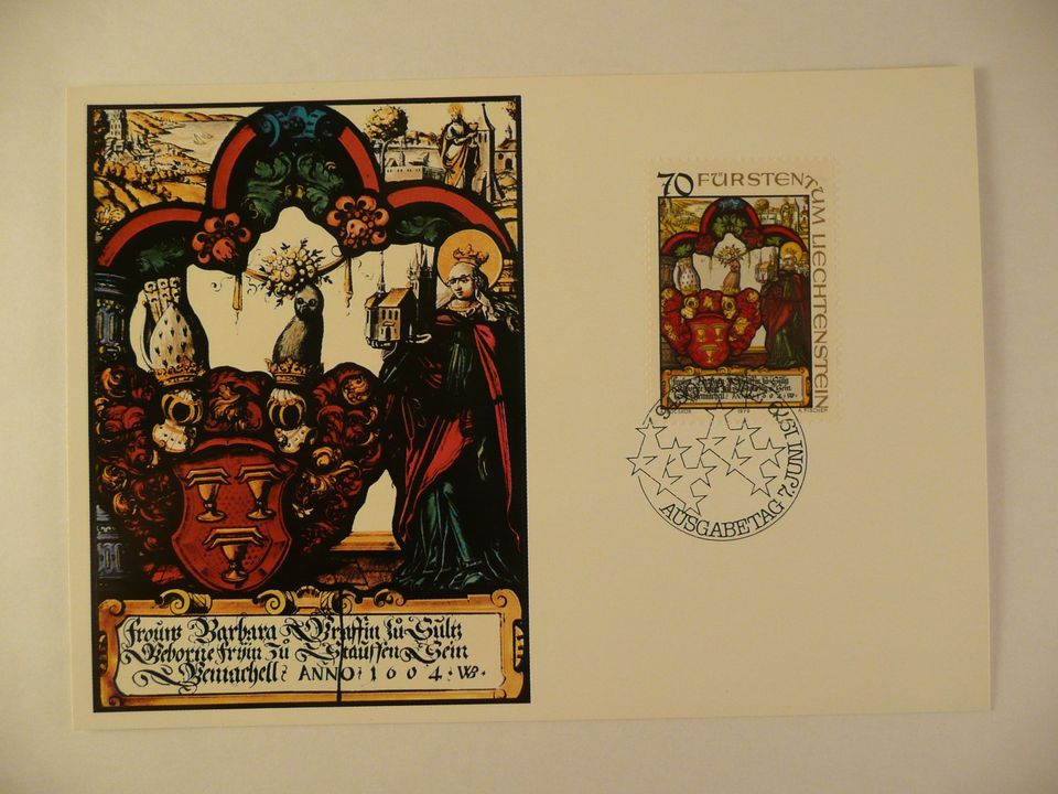 3 Liechtenstein Maximumkarten 1979, Nr. 9, Wappenscheiben in Bamberg