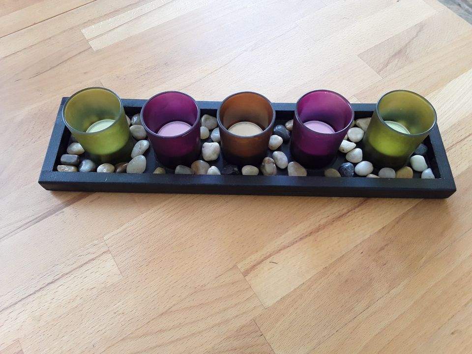 Teelichthalter Set Holzschale mit Teelichtgläsern & Kieselsteinen in Merzig