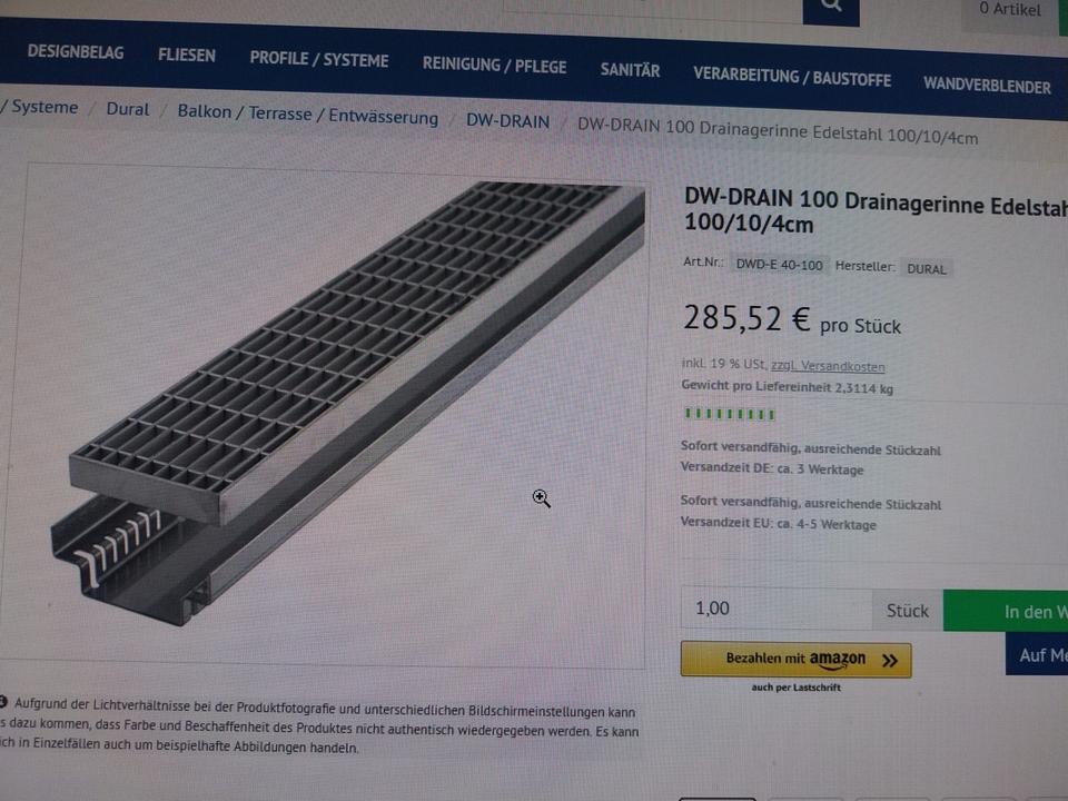 Drainage Drainagerinne Edelstahl neu unbenutzt 10/6/6 1m Länge in Kall