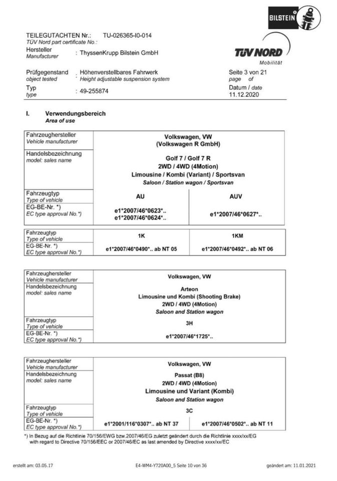 Feder Bilstein VW Golf 7 8 Passat B8 Audi Arteon Gewindefahrwerk in Braunschweig