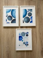 3 Aquarell Bilder mit Rahmen, Kreise blau weis, Gemälde Hessen - Gießen Vorschau