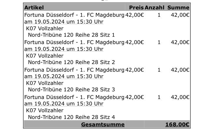 F95 vs. Magdeburg, 4 zusammenhängende Sitzplatzkarten in Düsseldorf